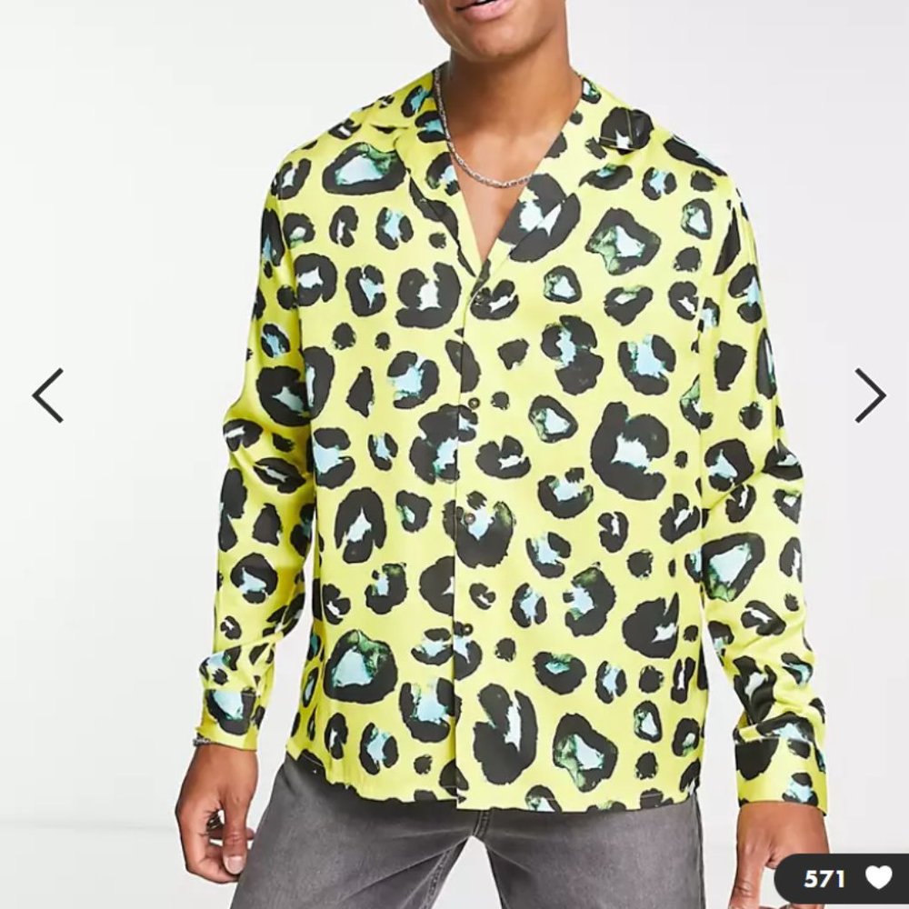 ASOS DESIGN relaxed deep revere satin shirt in bright leopard print
